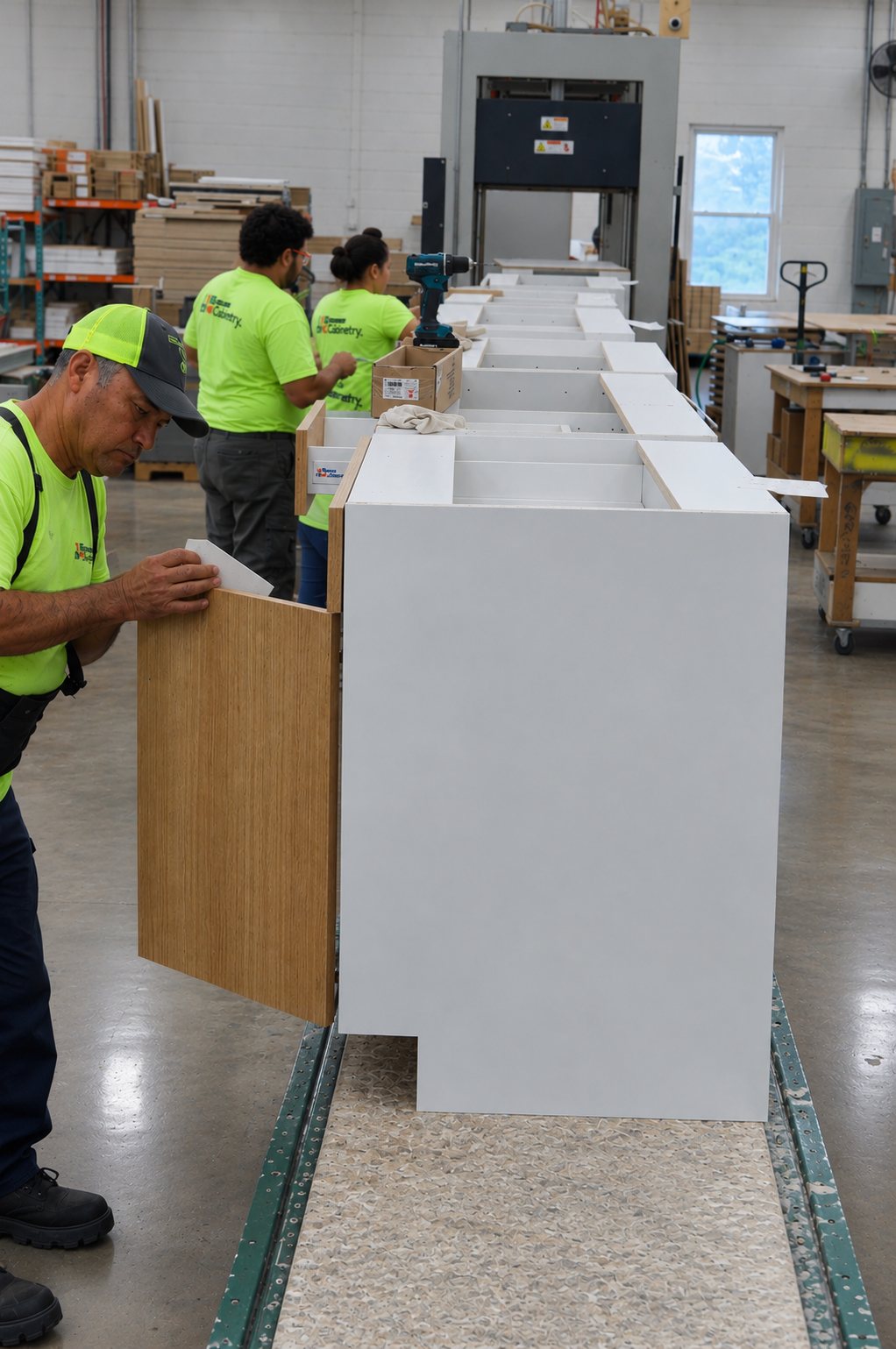 A Choice technician fitting a door to a finished cabinet